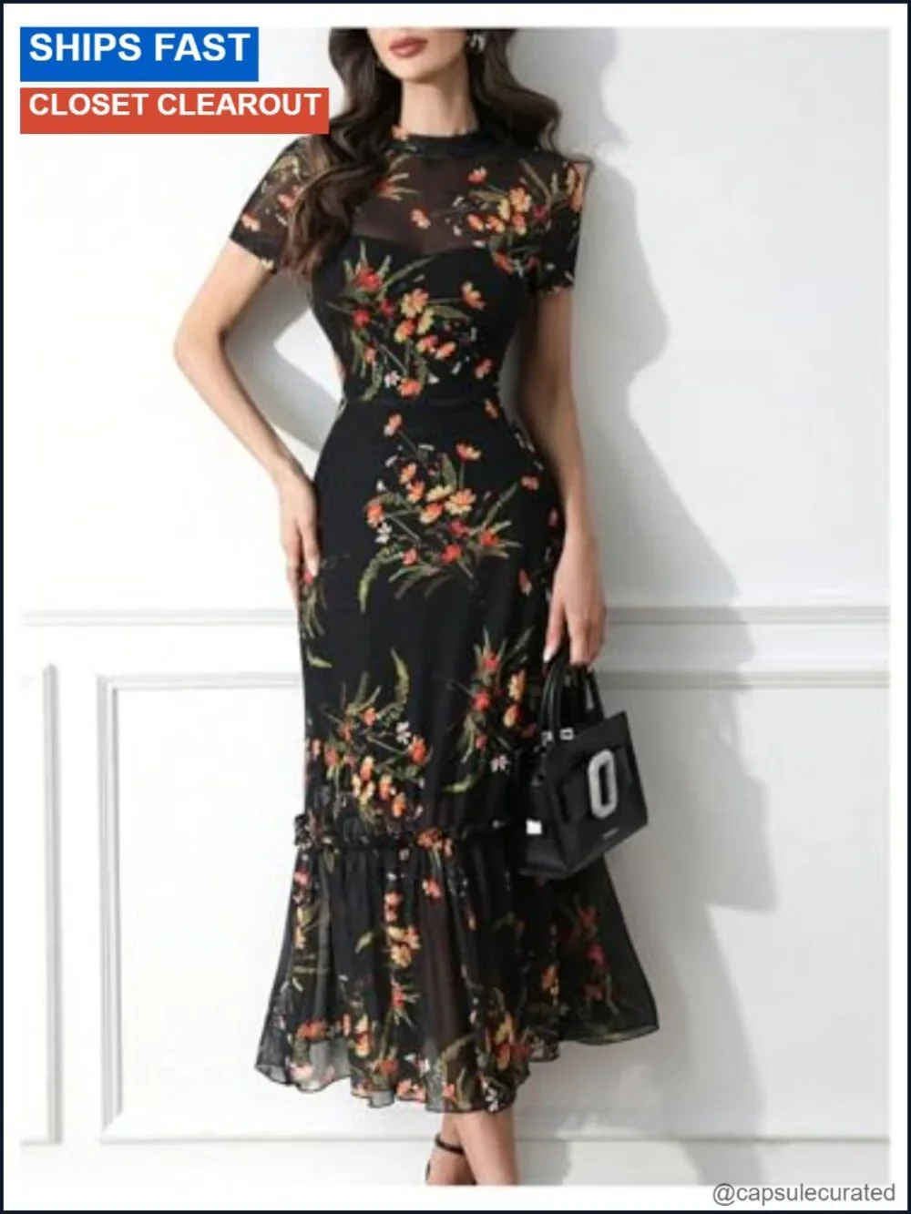 Verdusa Floral Mesh Overlay Bodycon Dress with Mock Neck and Ruffle Hem